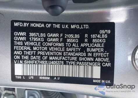 2020 Honda Civic Sport Touring z USA, uszkodzony, nr VIN SHHFK7H92LU405376